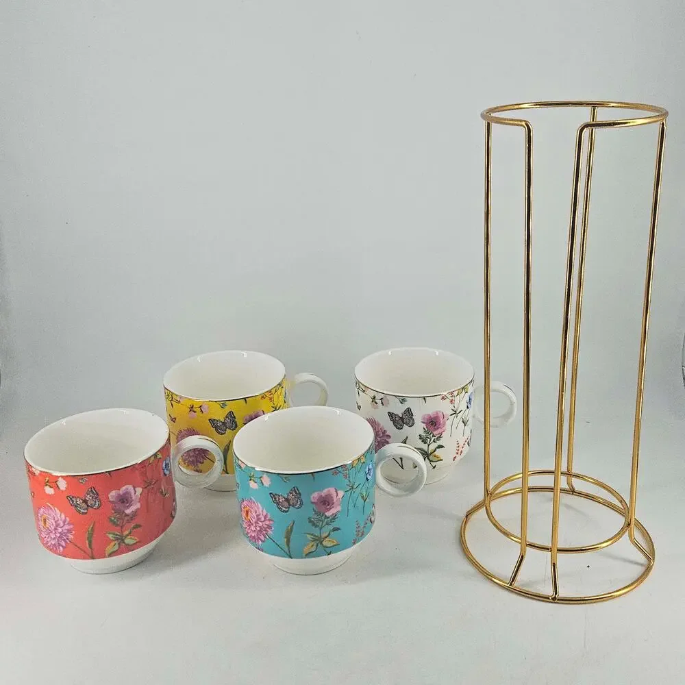 Grace's Teaware Flowers Butterfly Stacking Mug Set 4 Wire Rack